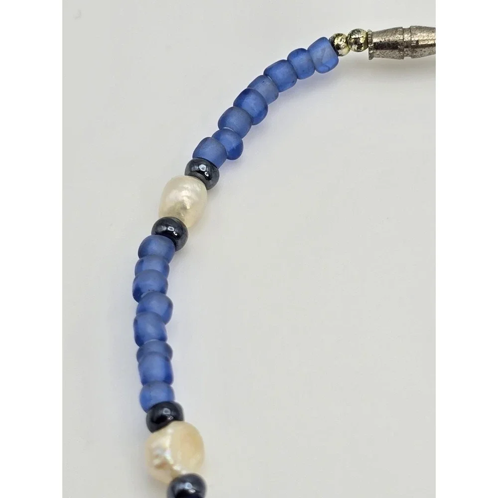 Vtg GENUINE Freshwater Pearl & Blue Frosted Seed Bead Anklet FREE $HIPPING!!